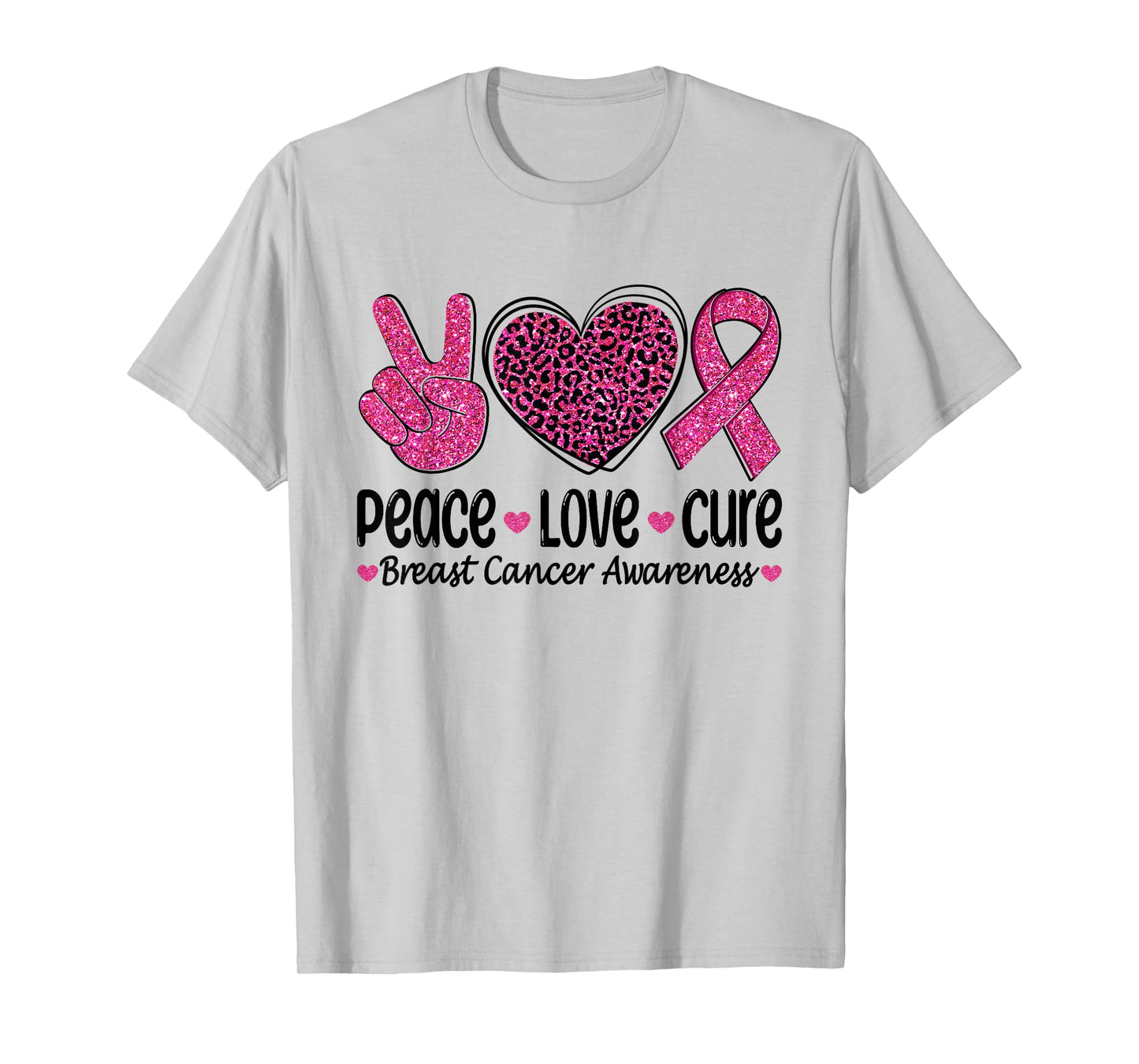 Peace Love Cure Leopard Heart Ribbon Breast Cancer Awareness T-Shirt