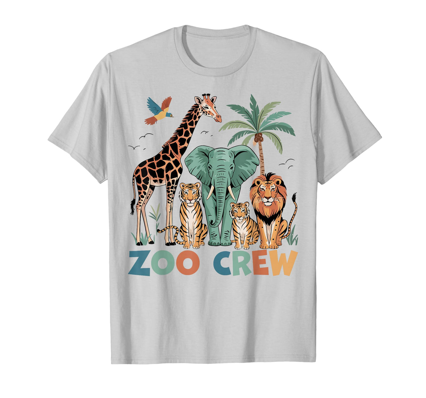 Wildlife Safari Animal Giraffe Elephant Tiger Lion Zoo Crew T-Shirt