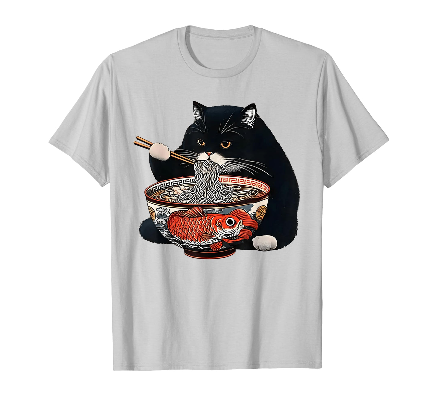 Funny Black Fat Cat Eating Ramen T-Shirt