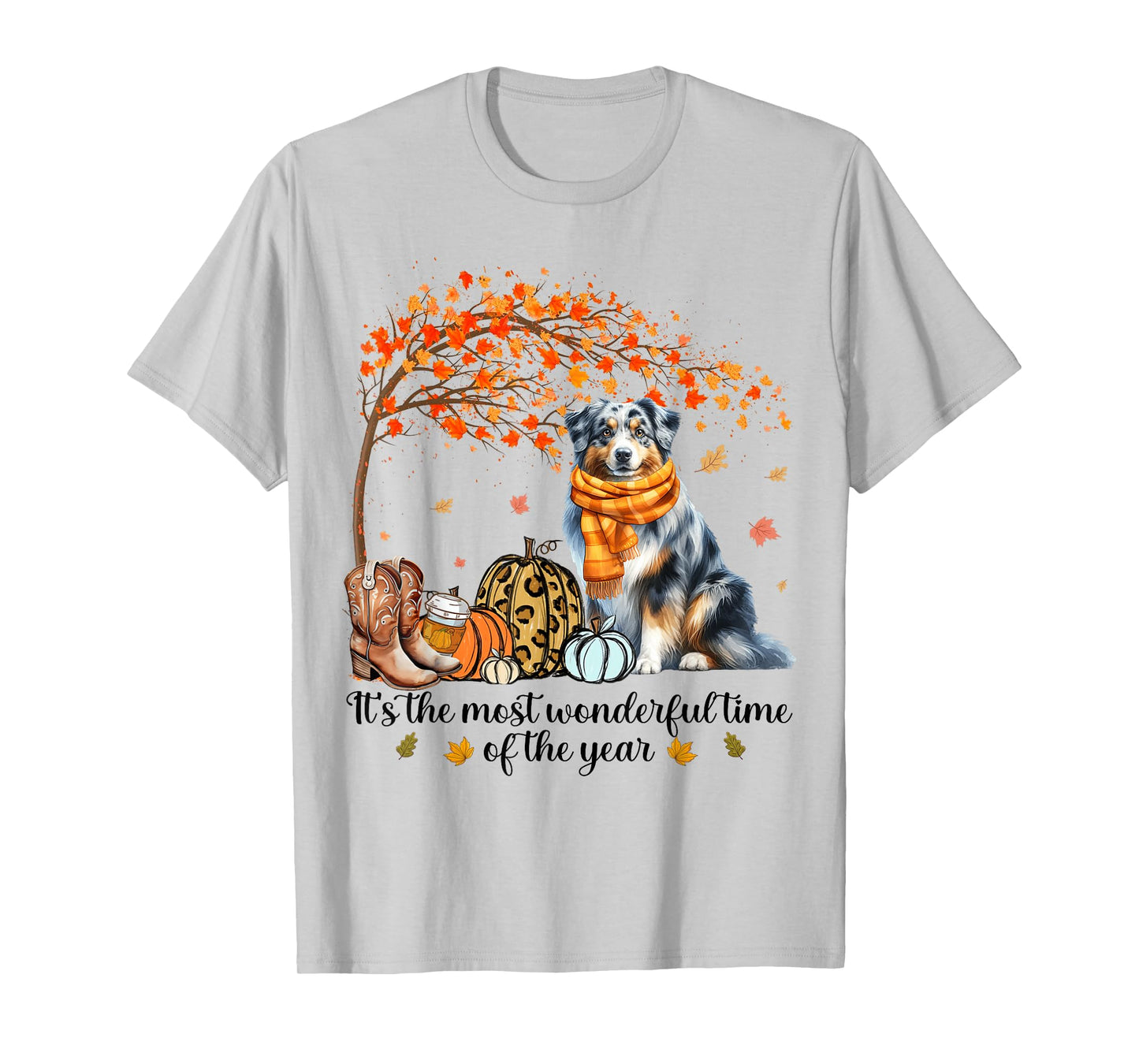 Fall Maple Tree Print Dog Lover Happy Thanksgiving Australian Shepherd Autumn Fall T-Shirt
