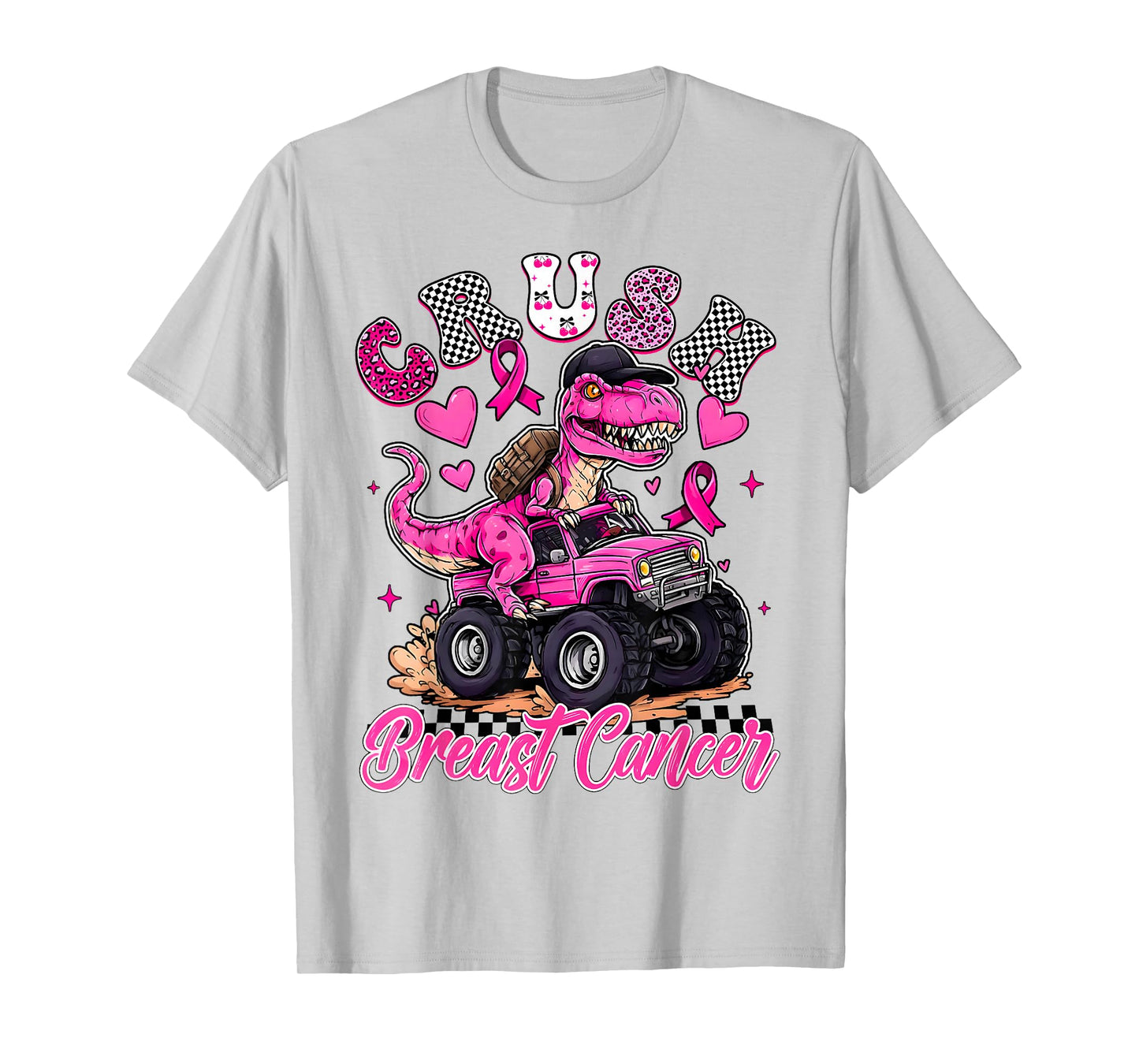 Crush Breast Cancer Dinosaur T Rex Monster Truck Boys Kids T-Shirt