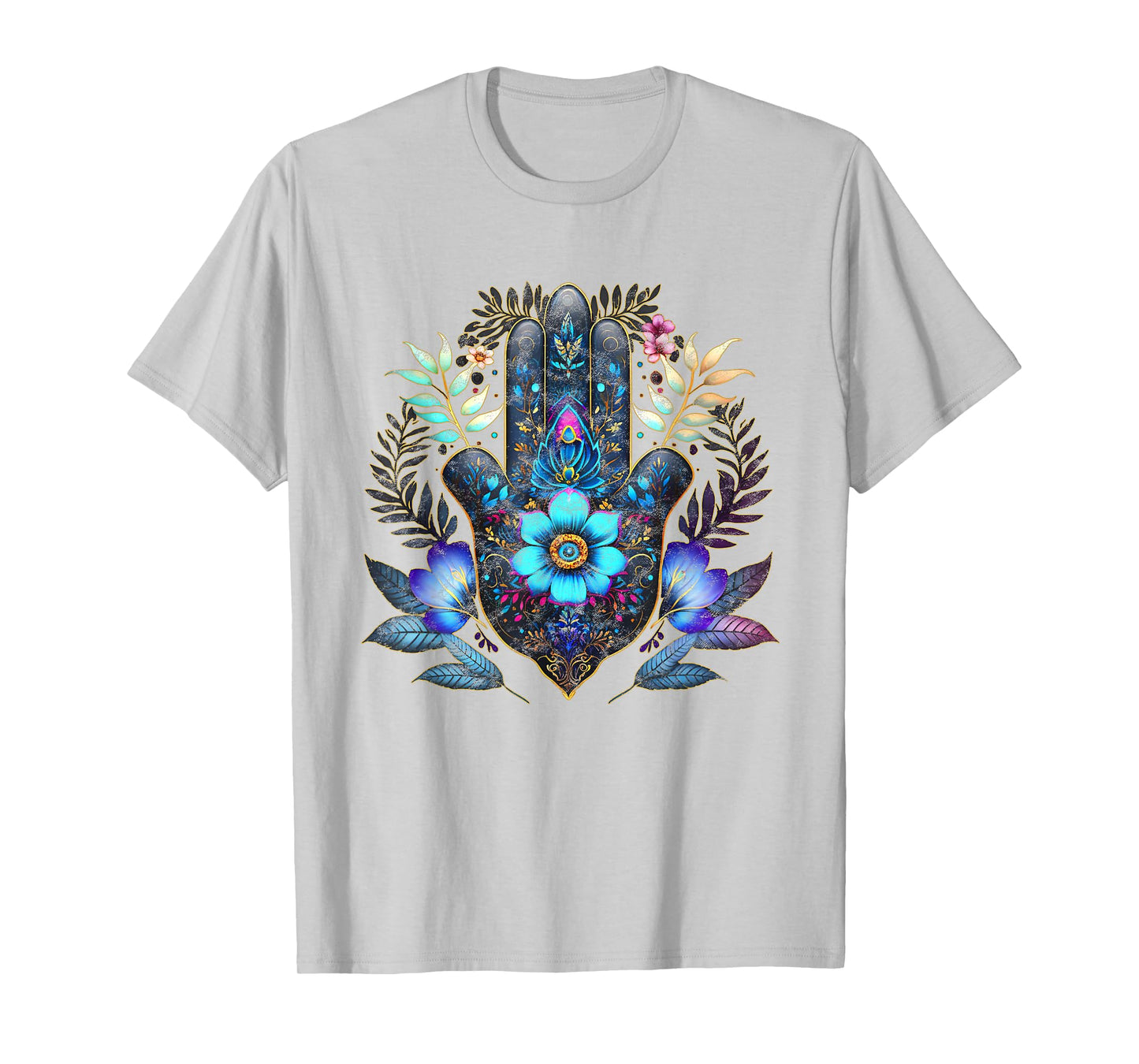 Hamsa, hand, blue, Nazar, flower, eye, charm, vintage, luck T-Shirt