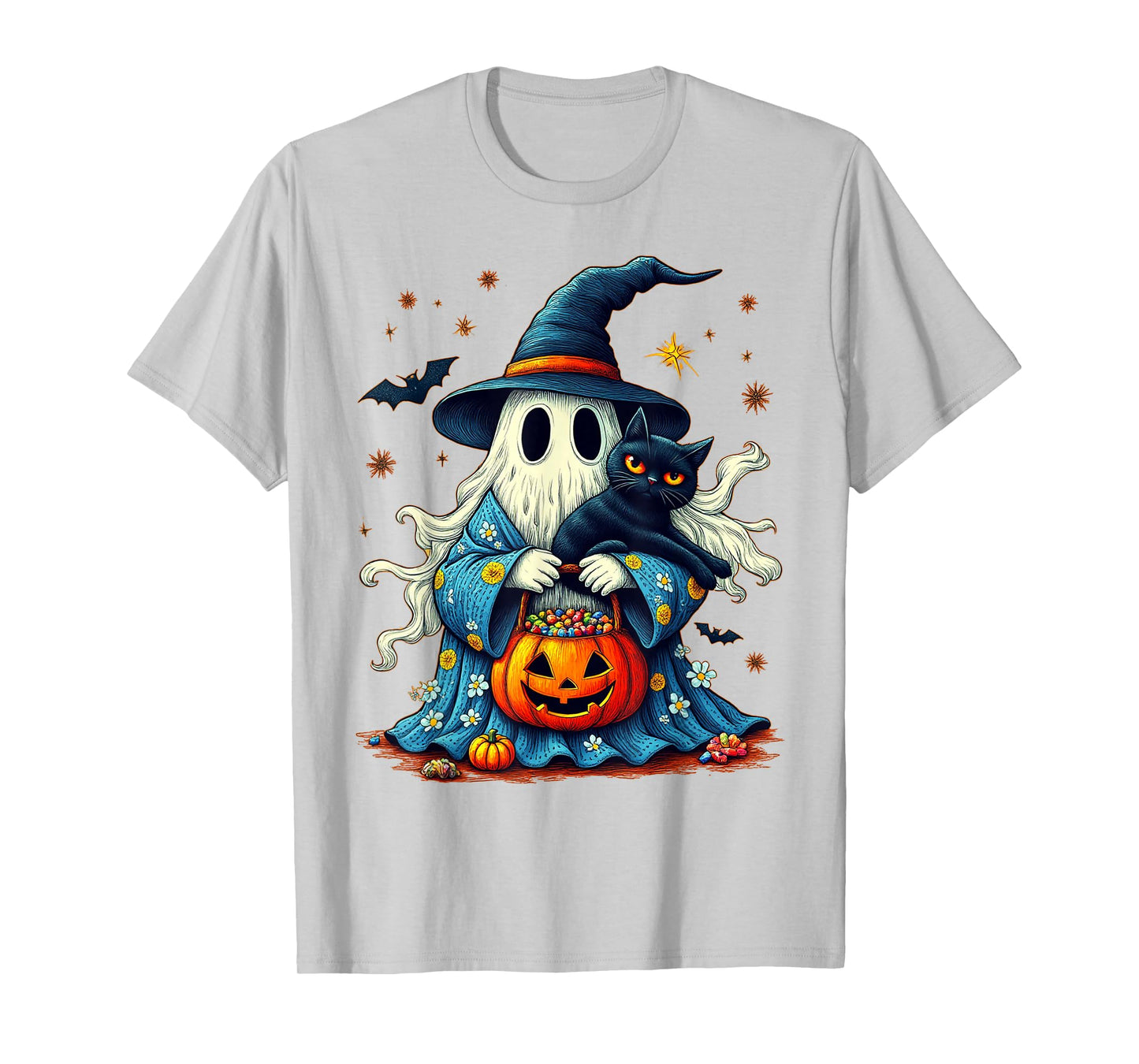 Vintage Halloween 2025 Ghost Holding Black Cat Groovy Floral T-Shirt