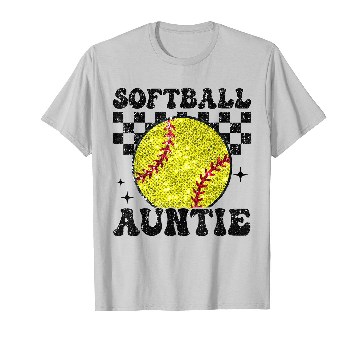 Softball Auntie Checkered Retro Funny Softball Aunt Family T-Shirt