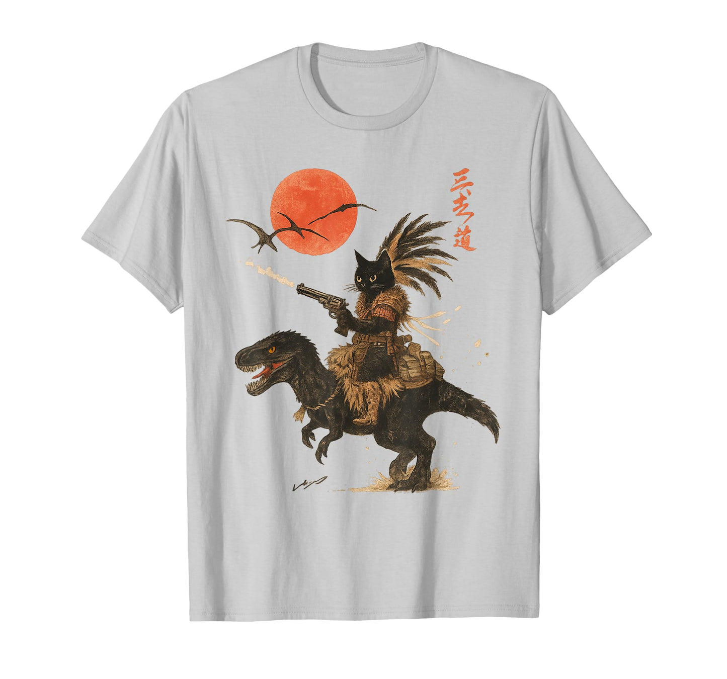 Retro Tribal Black Cat Rides A Dinosaur Print T-Shirt