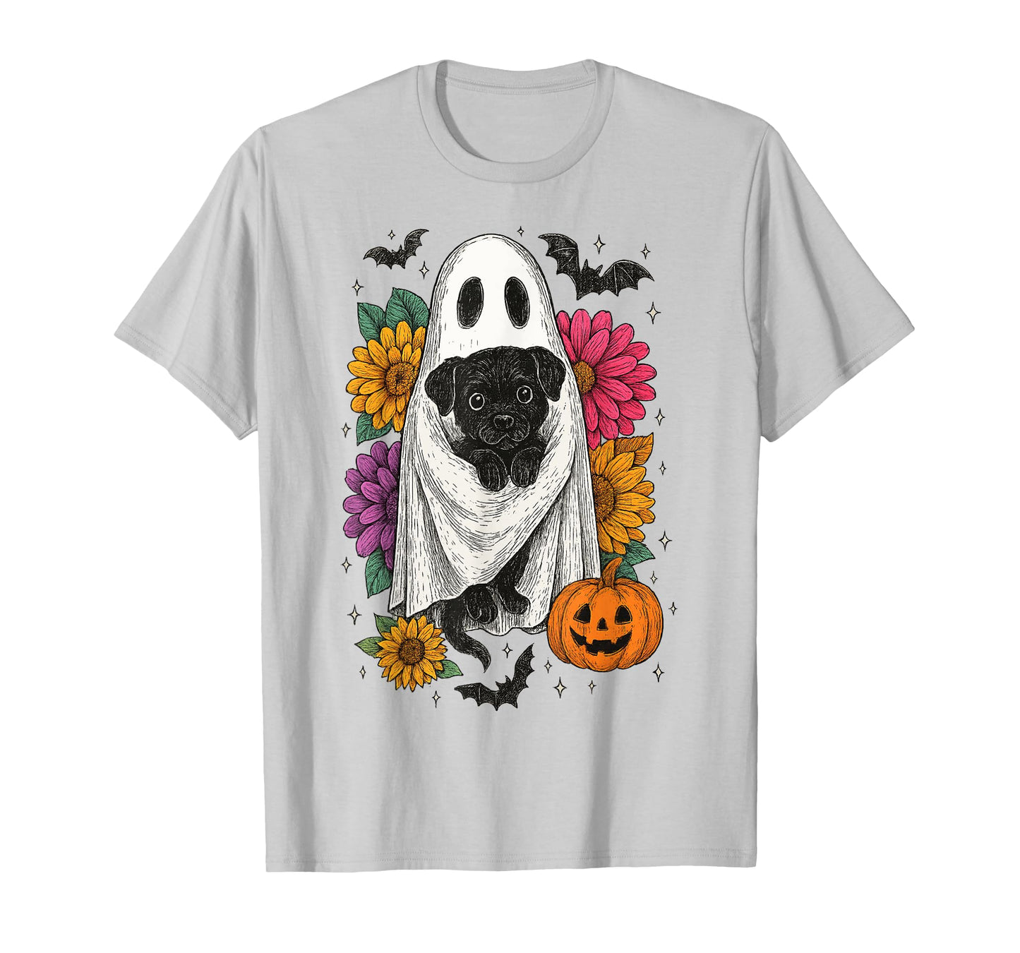 Ghost Black Dog Floral Halloween Coquette Funny Black Dog T-Shirt