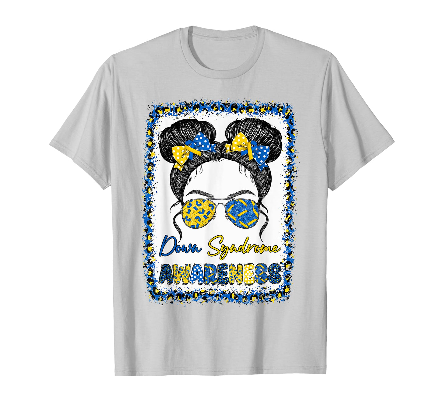 Messy Bun Girl Yellow Blue Bow Ties Sunglasses Down Syndrome T-Shirt