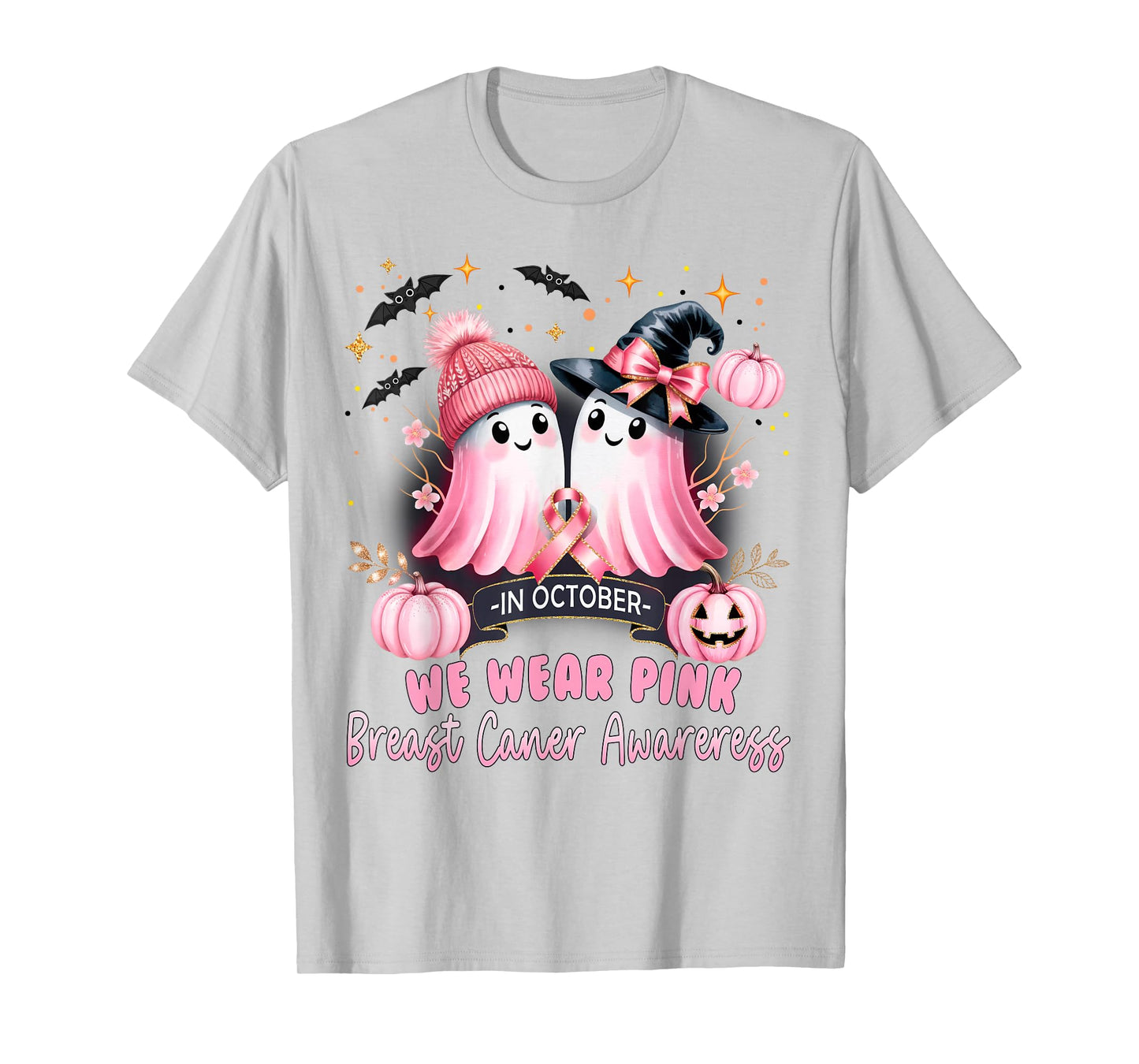 in October We Wear Pink Ghost Witch Breast Cancer Awareness T-Shirt
