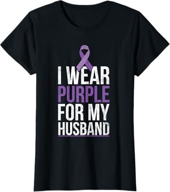Womens I Wear Purple For My Husband Pancreatic Cancer Awareness T-Shirt