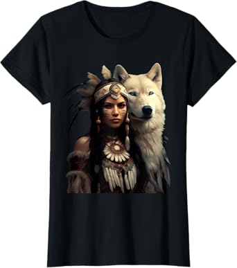 Indian Native American Woman With White Wolf Vintage Gifts T-Shirt