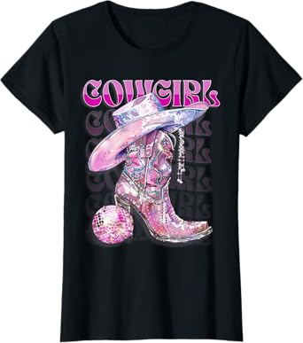 Pink Cowgirl Boots Disco Western Country Cow Girl Coastal T-Shirt