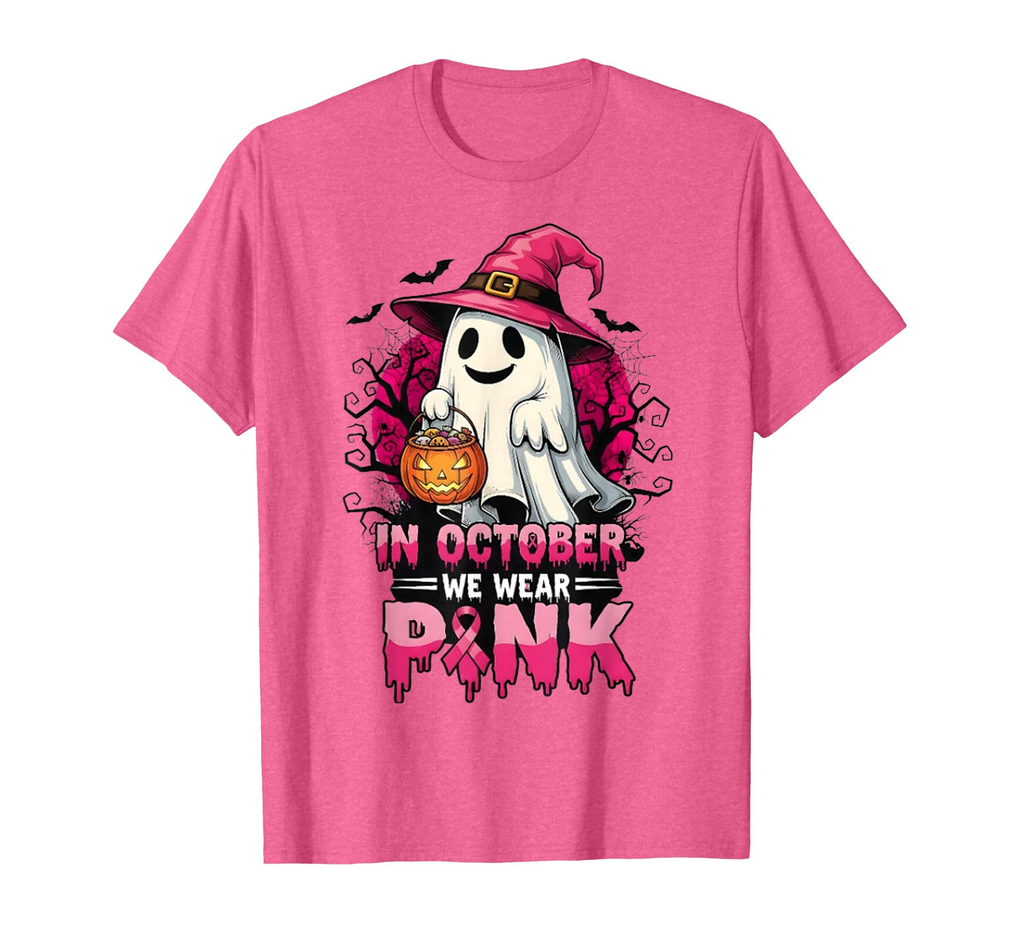 in October We Wear Pink Ghost Witch Breast Cancer Awareness T-Shirt