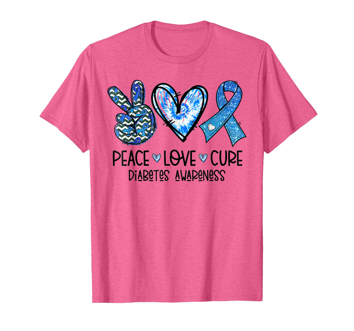 Peace Love Cure Type 1 Diabetes Awareness T1D Blue Ribbon T-Shirt