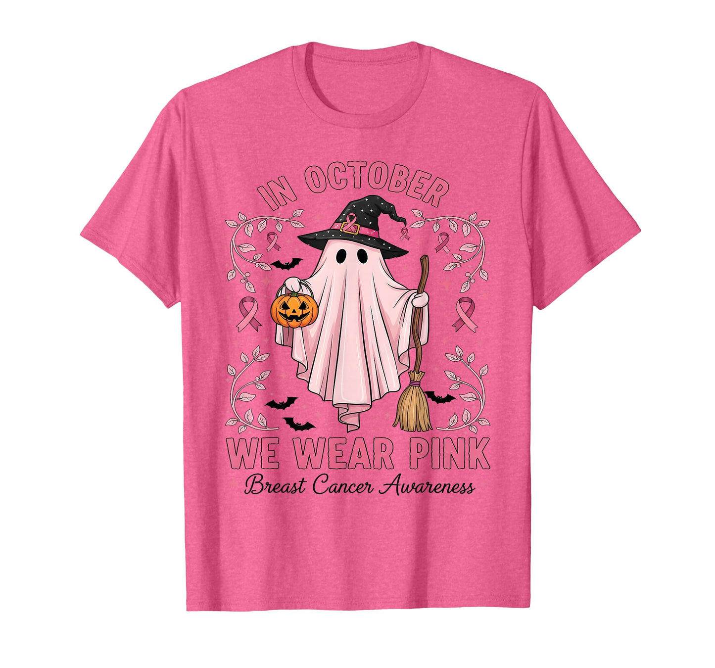in October We Wear Pink Ghost Witch Breast Cancer Awareness T-Shirt