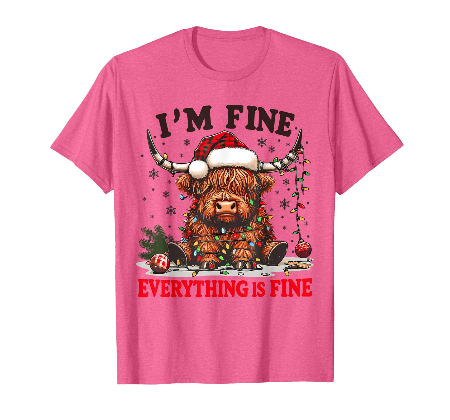 I'm Fine Everything is Fine Funny Christmas Highland Cow T-Shirt