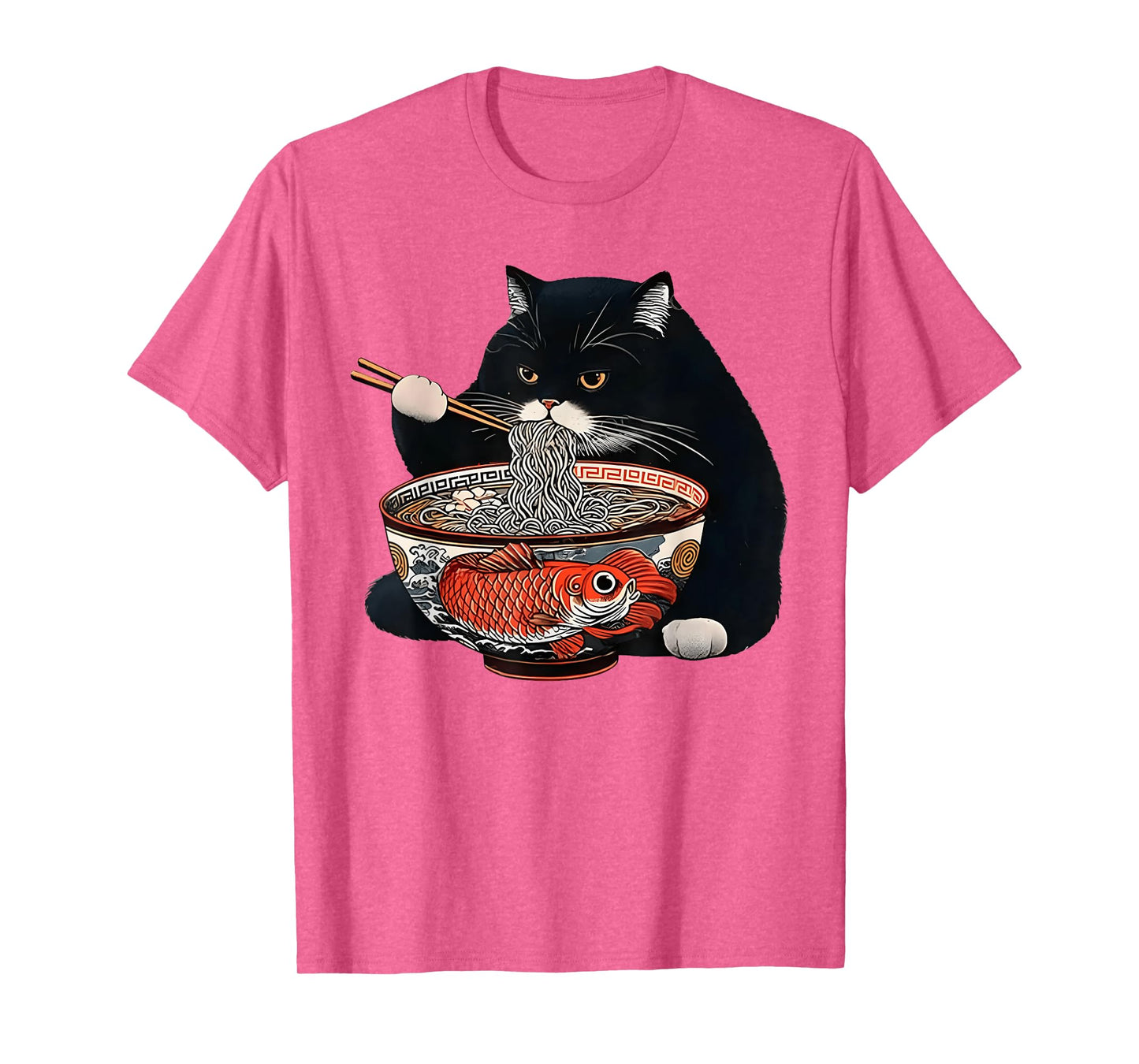 Funny Black Fat Cat Eating Ramen T-Shirt