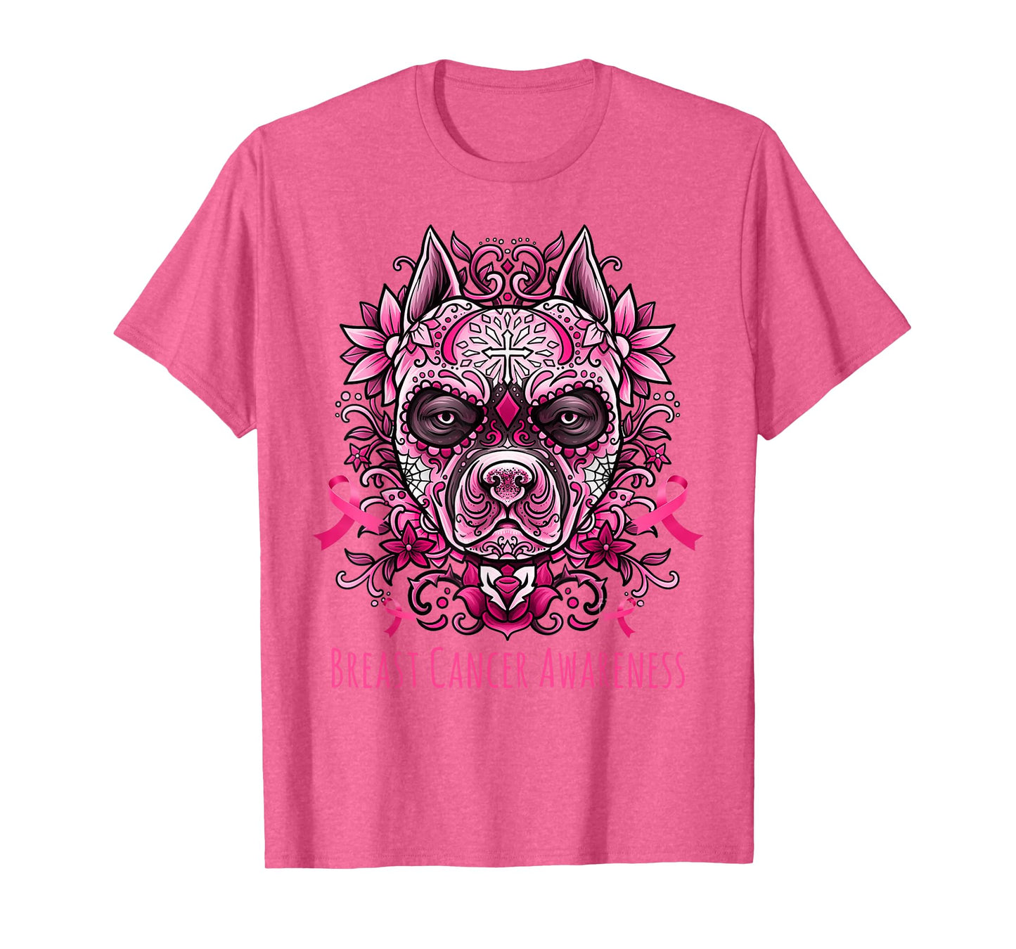 Funny Sugar Skull Pitbull Dog Breast Cancer Day Of The Dead T-Shirt