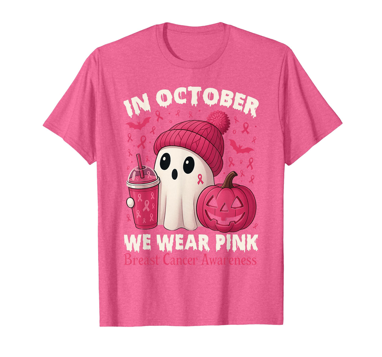 Breast Cancer Ghost Halloween Women in October We Wear Pink T-Shirt