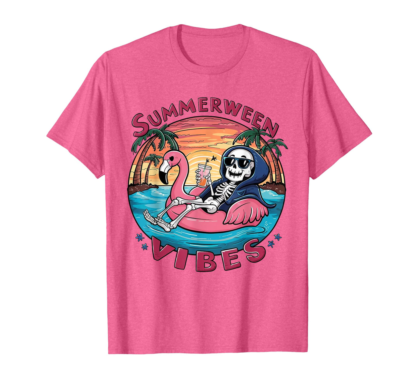 Summerween Vibes Halloween Summer Fun Flamingo Skeleton T-Shirt