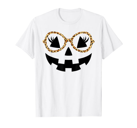 Jack O Lantern Face Pumpkin Halloween Cute Leopard Glasses T-Shirt