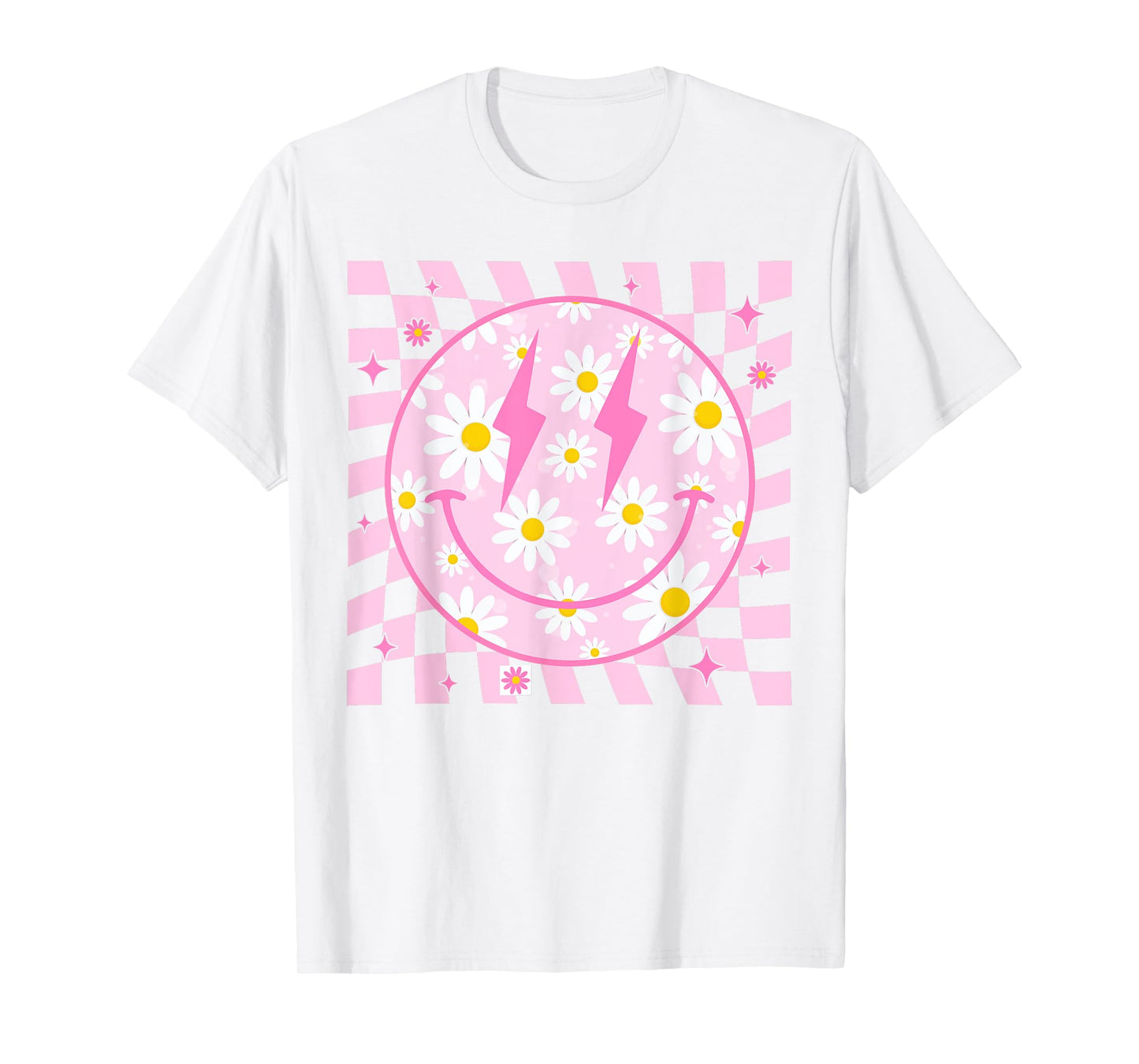 Retro Happy Smile Face Checkered Pattern Pink Daisy Flower T-Shirt