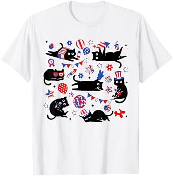 Cute Black Cat USA Flag Firework Patriotic 4th Of July T-Shirt