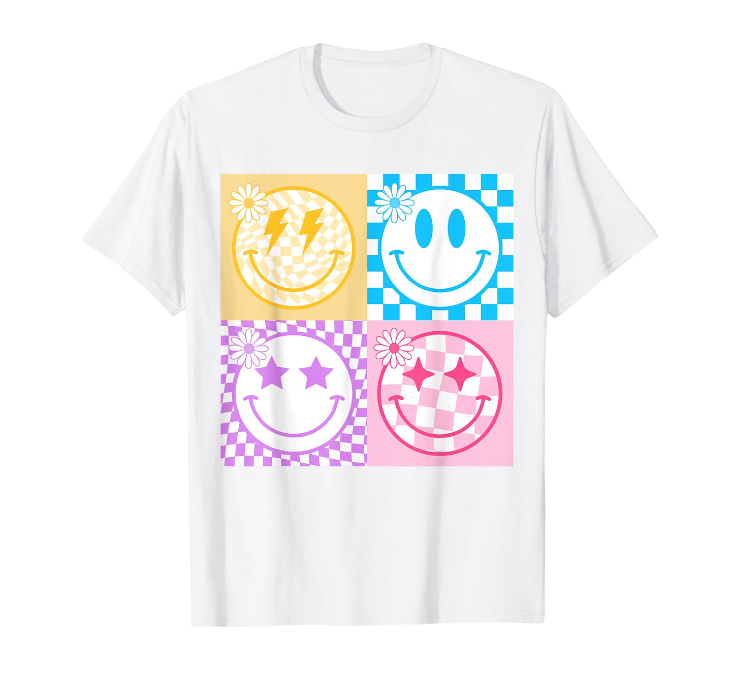 Retro Happy Face Shirt Checkered Pattern Smile Face Trendy T-Shirt
