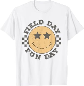 Field Day Fun Day 2025 Groovy Smile Face Checkered Students T-Shirt
