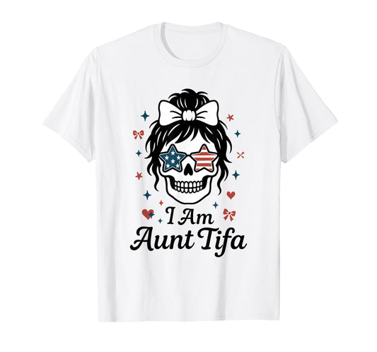 I Am Aunt Tifa Cute Coquette Skull with Bow and American T-Shirt