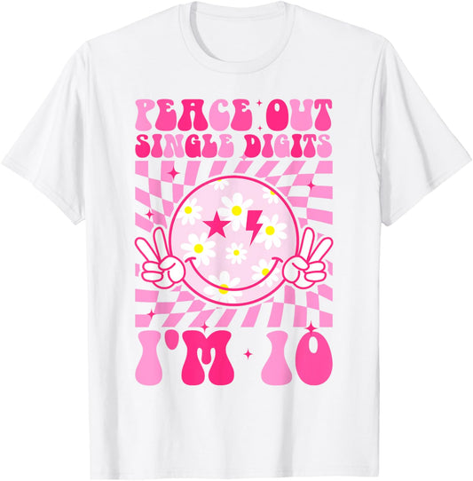 Peace Single Digits I'm 10 Smile Face For Birthday Girls T-Shirt