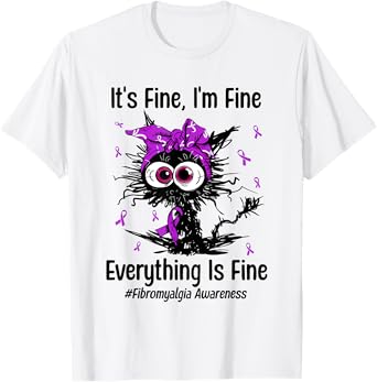 Funny Cat Fibromyalgia Awareness Fibro Warrior Ribbon Purple Men Women Kids T-Shirt