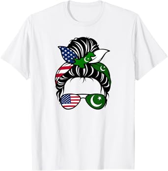 American Messy Bun Pakistani Wife Mom Girl Pakistan USA Flag T-Shirt