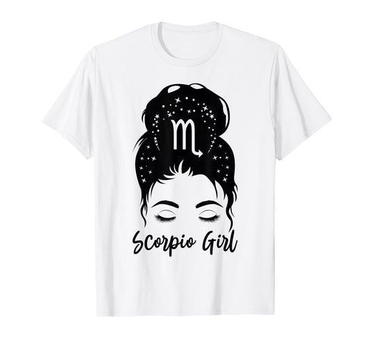 Scorpio Girl Messy Bun Zodiac Symbol Woman Birthday Costume T-Shirt