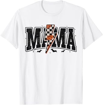 Halloween Checkered Spooky Mama Bat Trending Lightning Bolt T-Shirt