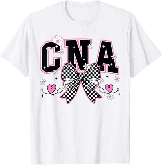 CNA Bow Certified Nursing Assistant Checkered CNA Life Women T-Shirt
