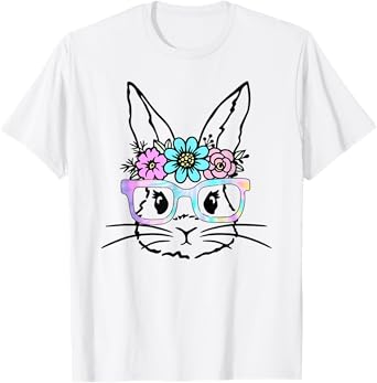 Cute Bunny Rabbit Face Tie Dye Glasses Girl Happy Easter Day T-Shirt