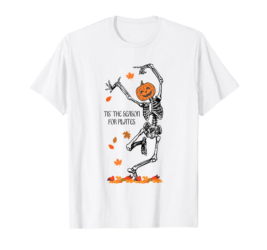 Skeleton Tis The Season For Pilates Meditation Halloween T-Shirt