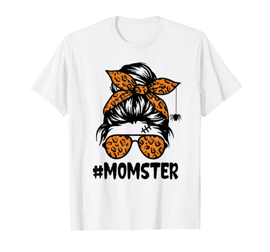 Momster Shirt for Women Halloween Mom Messy Bun Leopard T-Shirt