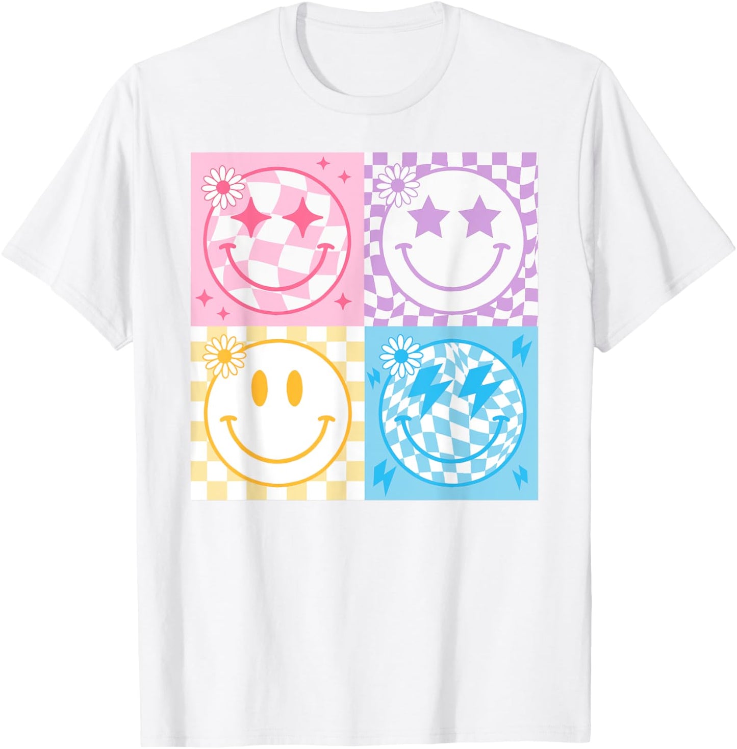 Happy Face Smile Checkered Pattern Retro Vibes Trendy Funny T-Shirt