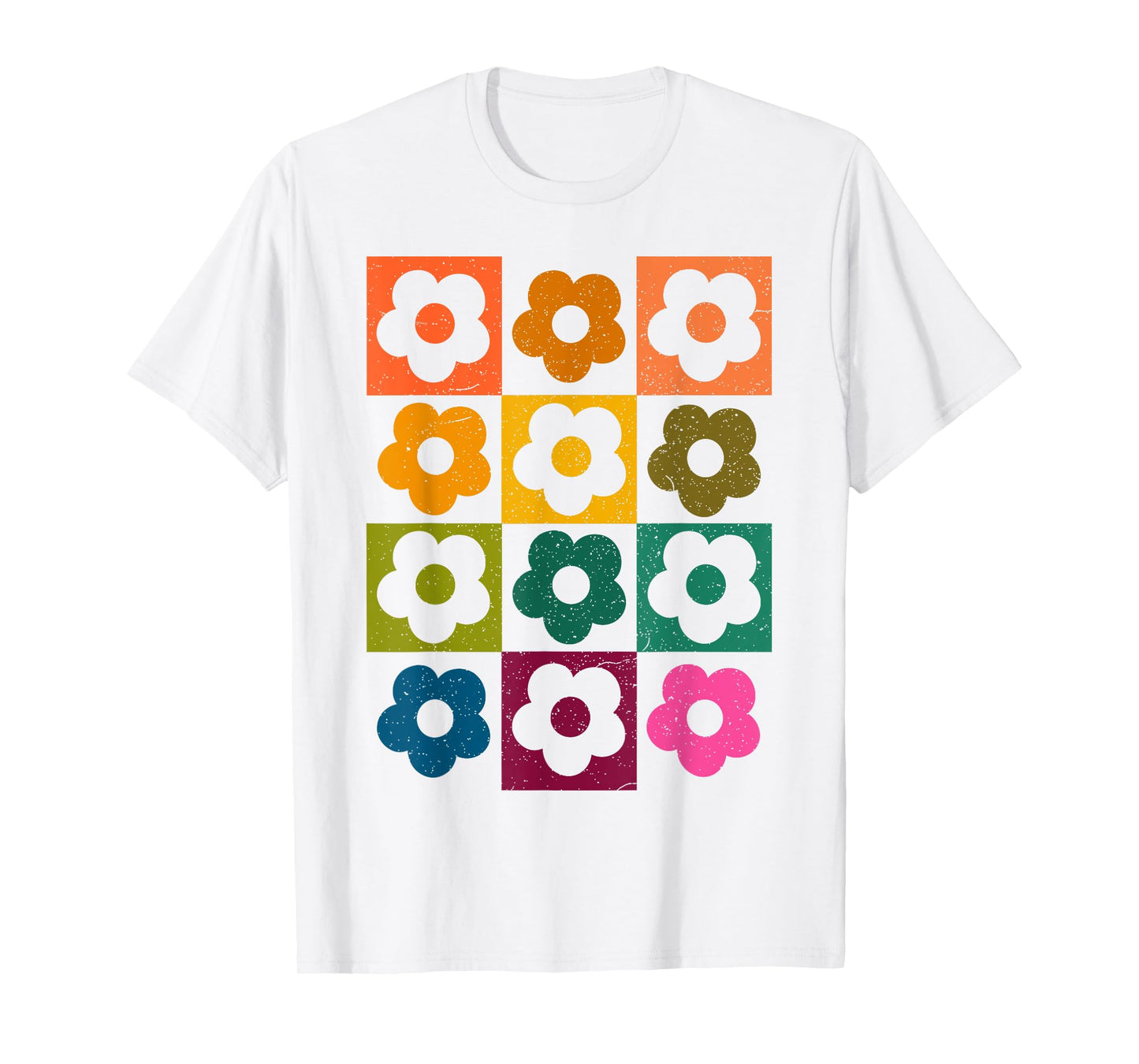 Neutral Checkerboard Daisy Color Flowers Retro Boho Floral T-Shirt