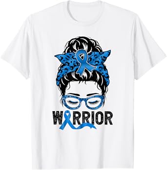 Worrior Messy bun Blue Colon Cancer Awareness Bleached T-Shirt