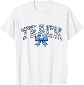 Teacher Coquette Toile Blue Bow Floral T-Shirt