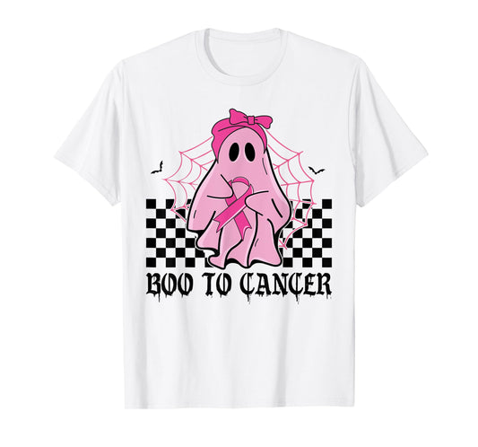 Boo Breast Cancer Pink Ghost October Halloween Checkered T-Shirt