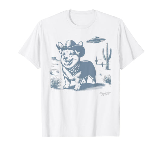 Vintage Funny 90s Western Cowboy Corgi Ufo T-Shirt