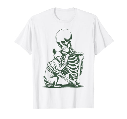 Vintage Skeleton Holding Sphynx Cat Halloween Funny Women T-Shirt