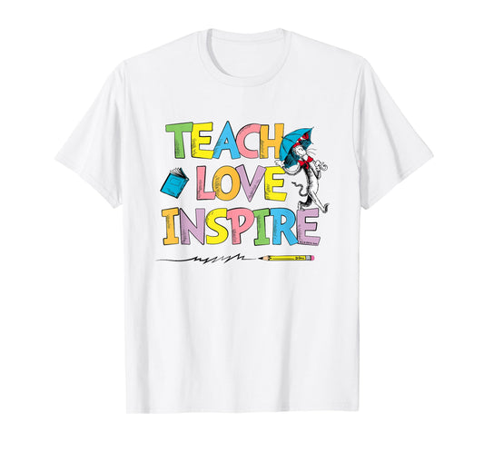 Dr Seuss Cat Hat Teach Love Inspire Officially Licensed T-Shirt - T-Shirt | White