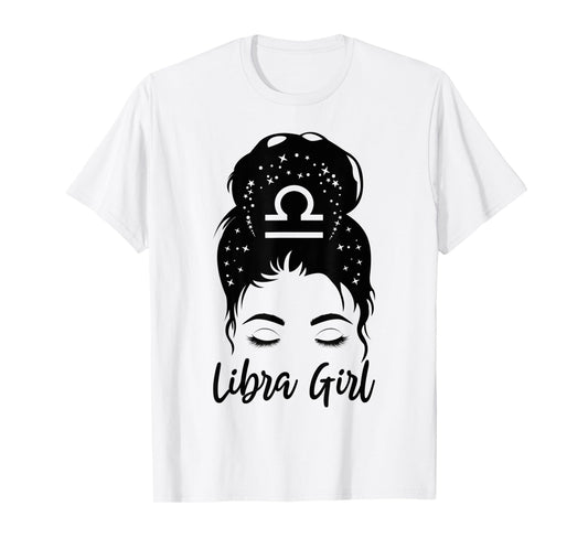 Libra Girl Messy Bun Zodiac Symbol Woman Birthday Costume T-Shirt