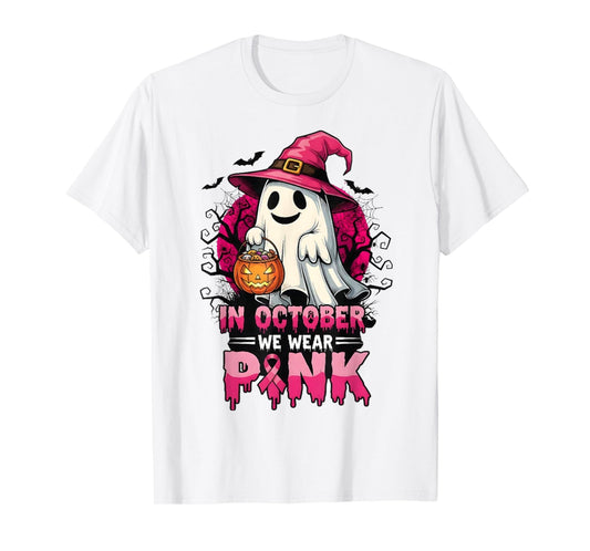 in October We Wear Pink Ghost Witch Breast Cancer Awareness T-Shirt