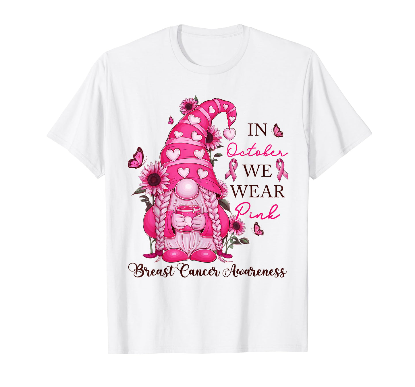 Cute Gnome Breast Cancer Awareness Pink Heart Pink Ribbon T-Shirt