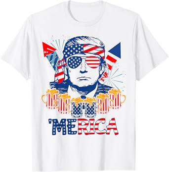 'MERICA TRUMP Drink Beer 4th Of July American Flag Fireworks T-Shirt for Women Men